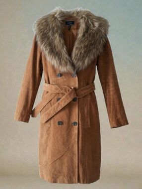 Le Chateau Classic Bohemian Suede Trench Coat with Faux Fur Collar